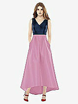 Front View Thumbnail - Powder Pink & Midnight Navy Sleeveless Pleated Skirt High Low Dress with Pockets