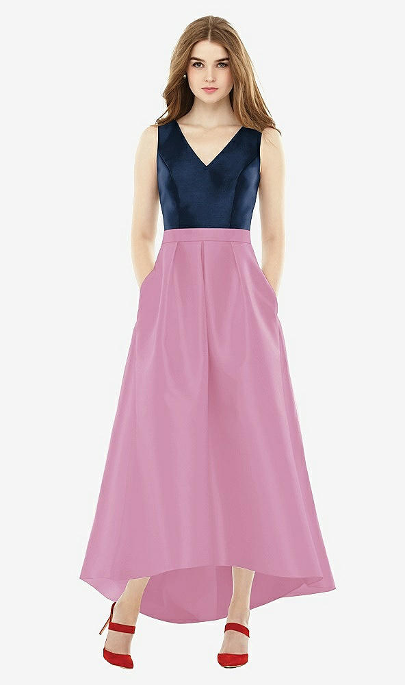 Front View - Powder Pink & Midnight Navy Sleeveless Pleated Skirt High Low Dress with Pockets
