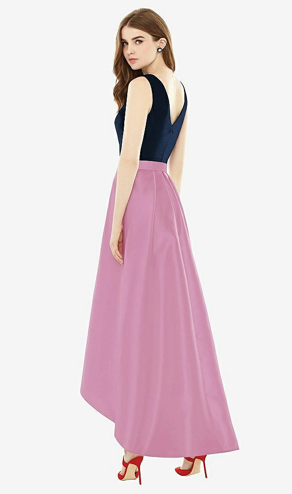 Back View - Powder Pink & Midnight Navy Sleeveless Pleated Skirt High Low Dress with Pockets