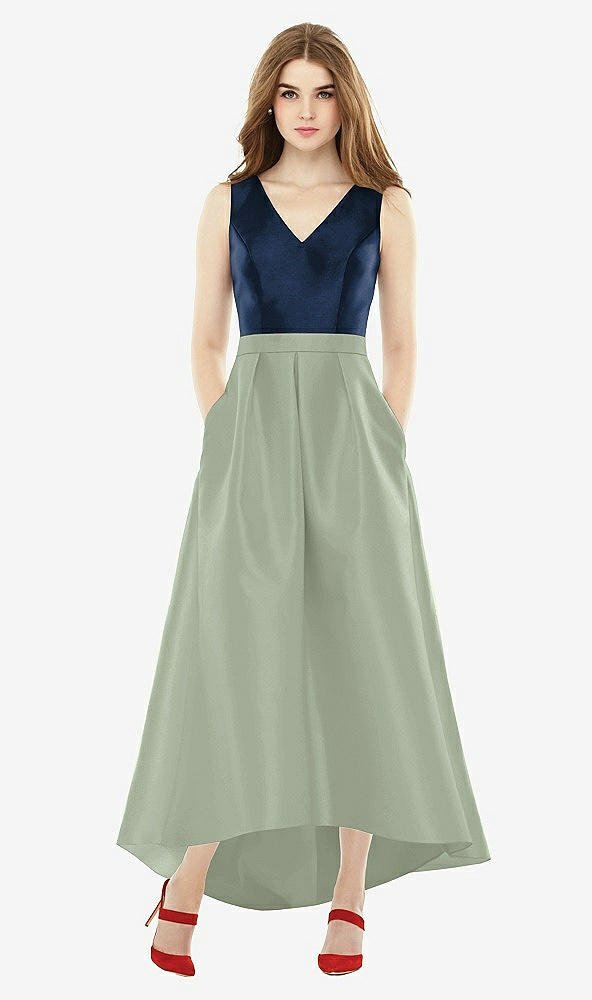 Front View - Sage & Midnight Navy Sleeveless Pleated Skirt High Low Dress with Pockets