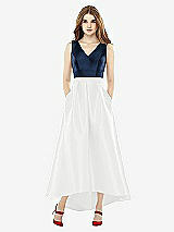 Front View Thumbnail - White & Midnight Navy Sleeveless Pleated Skirt High Low Dress with Pockets