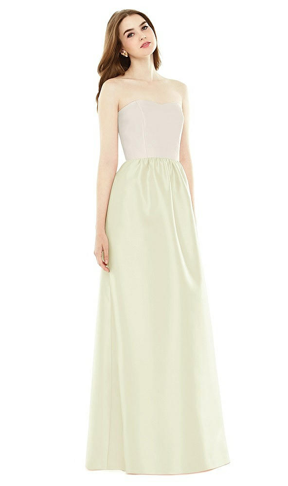 Front View - Butter Yellow & Ivory Full Length Strapless Satin Twill dress with Pockets