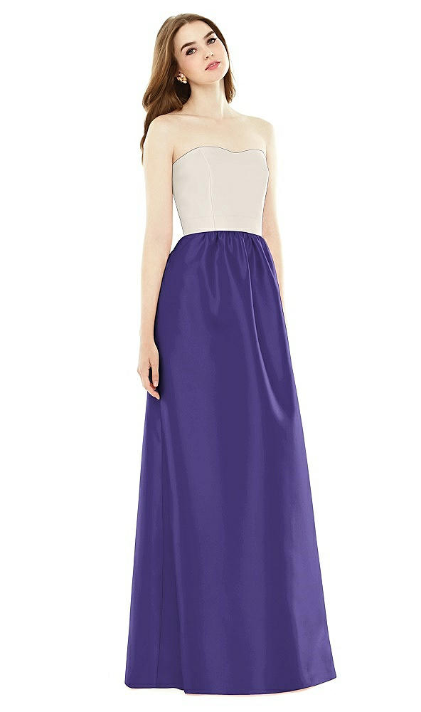 Front View - Grape & Ivory Full Length Strapless Satin Twill dress with Pockets