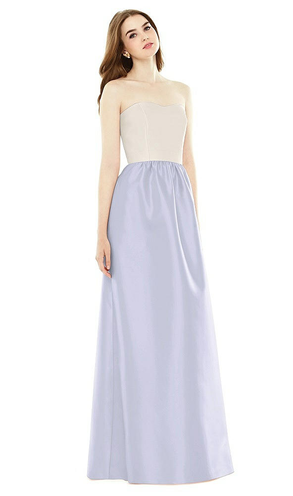 Front View - Silver Dove & Ivory Full Length Strapless Satin Twill dress with Pockets