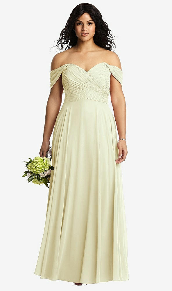 Front View - Butter Yellow Off-the-Shoulder Draped Chiffon Maxi Dress