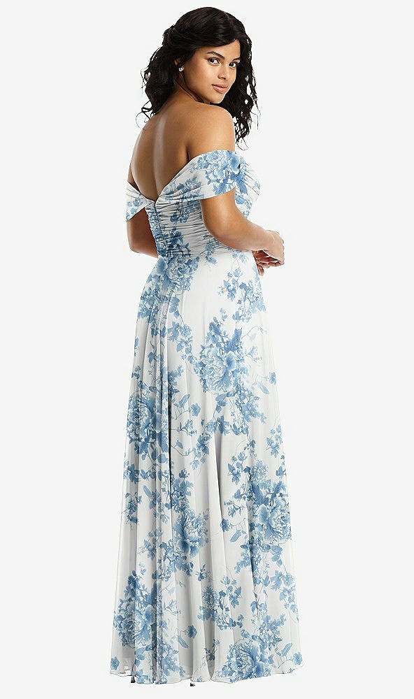 Back View - Cottage Rose Dusk Blue Off-the-Shoulder Draped Chiffon Maxi Dress
