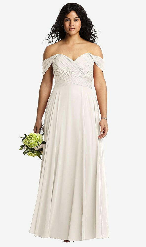 Front View - Ivory Off-the-Shoulder Draped Chiffon Maxi Dress