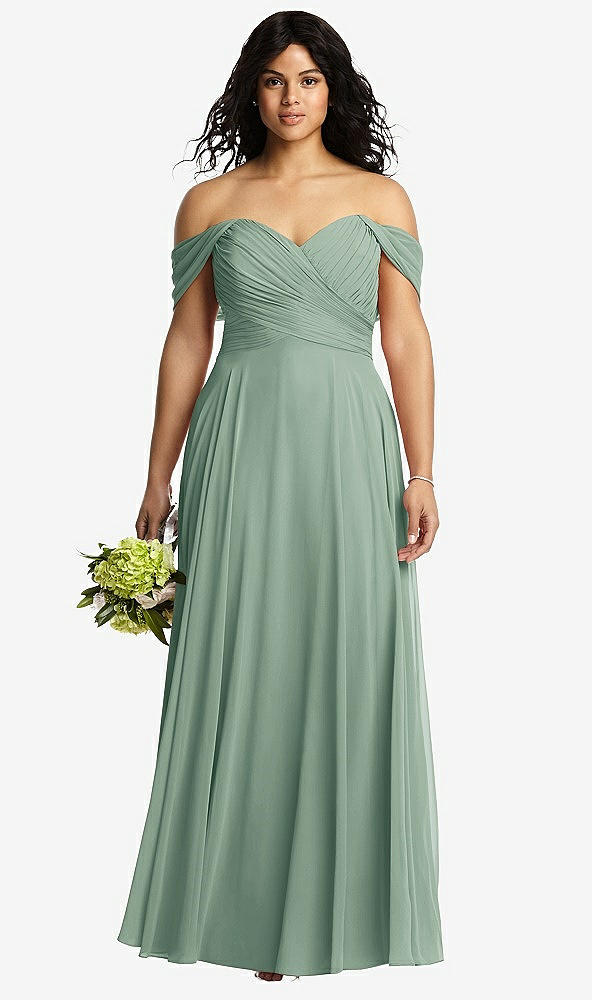 Front View - Seagrass Off-the-Shoulder Draped Chiffon Maxi Dress