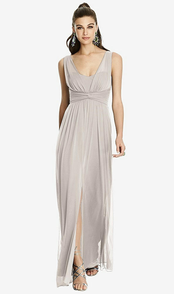 Front View - Taupe Maxi Chiffon Knit Shirred Strap Dress