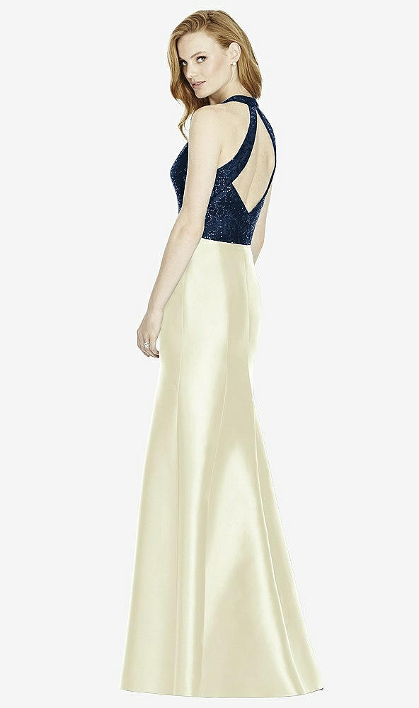 Back View - Butter Yellow & Midnight Navy Studio Design Collection 4514 Full Length Halter V-Neck Bridesmaid Dress