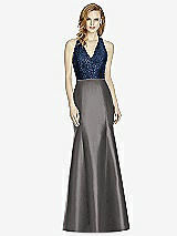 Front View Thumbnail - Caviar Gray & Midnight Navy Studio Design Collection 4514 Full Length Halter V-Neck Bridesmaid Dress