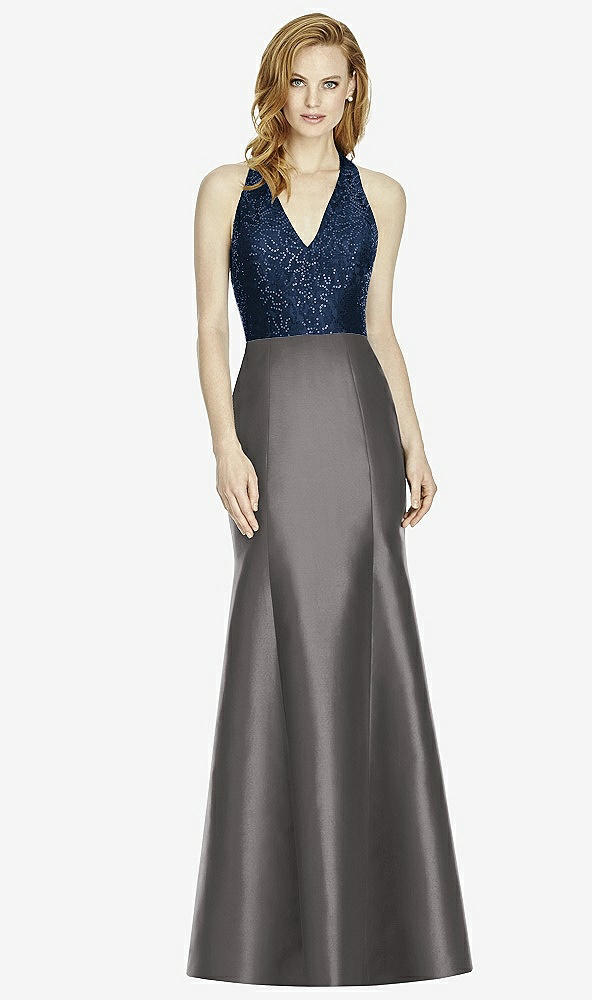 Front View - Caviar Gray & Midnight Navy Studio Design Collection 4514 Full Length Halter V-Neck Bridesmaid Dress