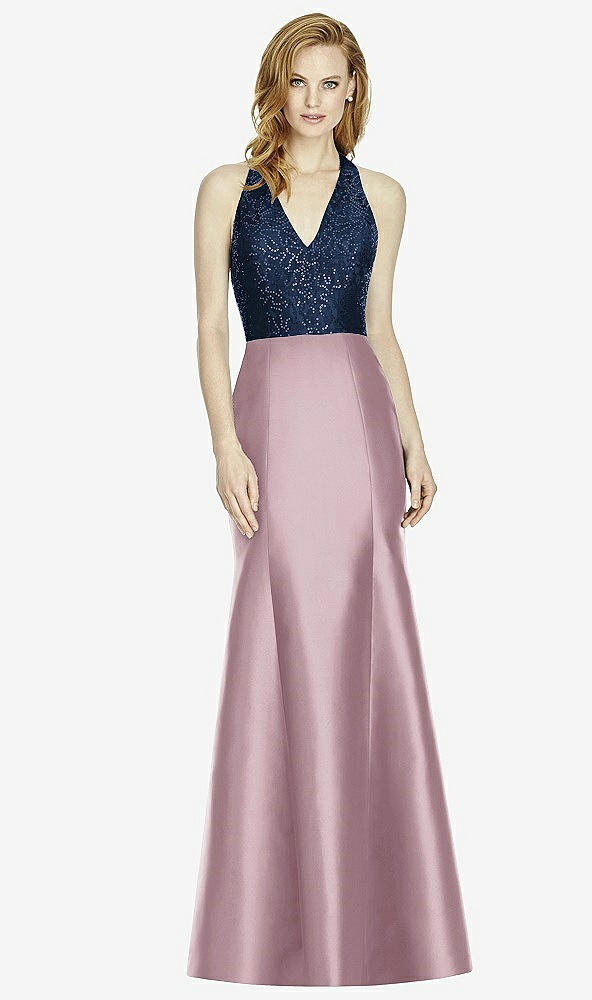 Front View - Dusty Rose & Midnight Navy Studio Design Collection 4514 Full Length Halter V-Neck Bridesmaid Dress
