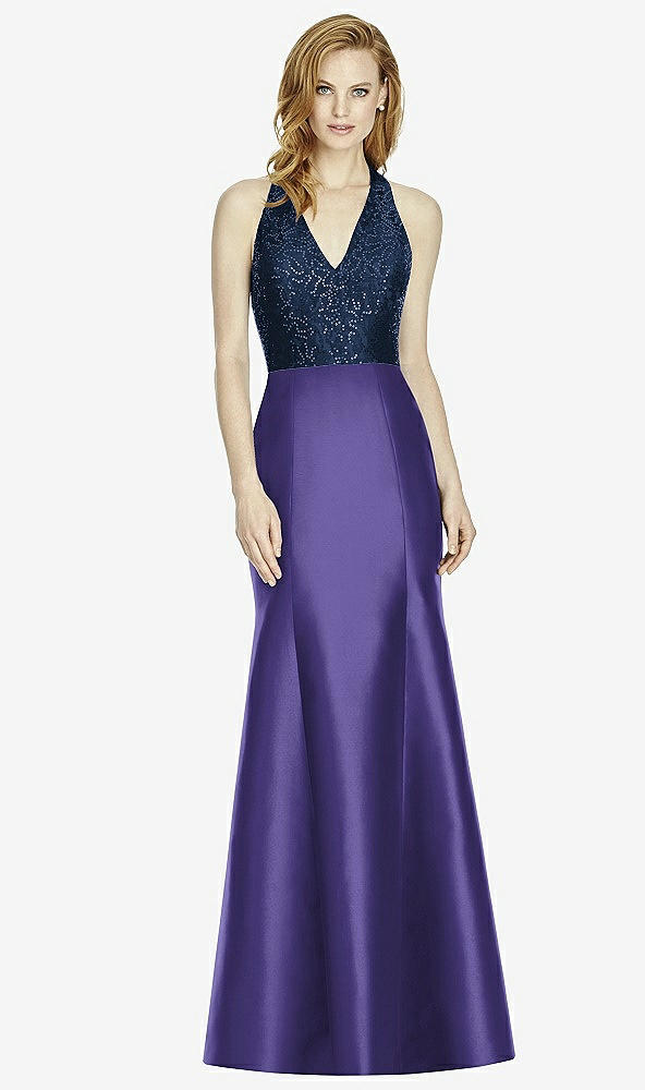 Front View - Grape & Midnight Navy Studio Design Collection 4514 Full Length Halter V-Neck Bridesmaid Dress