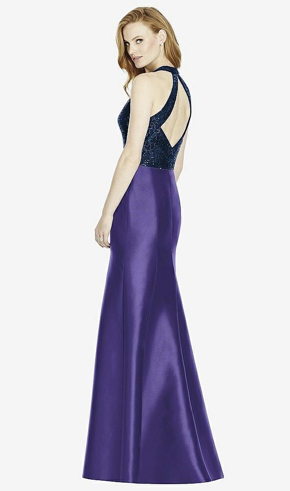 Back View - Grape & Midnight Navy Studio Design Collection 4514 Full Length Halter V-Neck Bridesmaid Dress