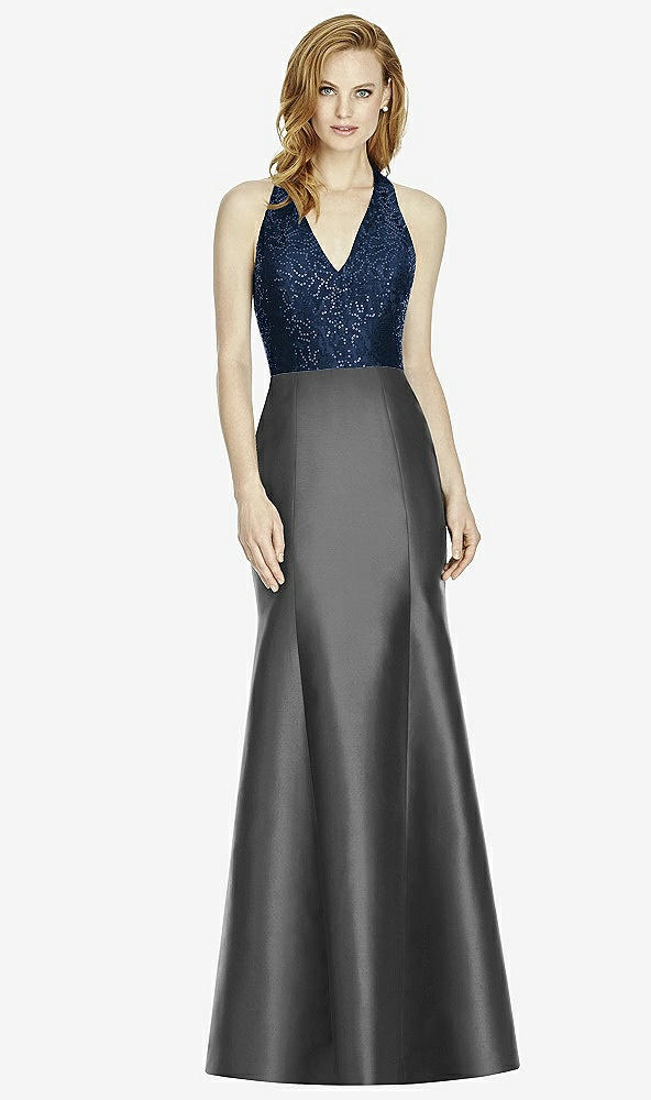 Front View - Pewter & Midnight Navy Studio Design Collection 4514 Full Length Halter V-Neck Bridesmaid Dress