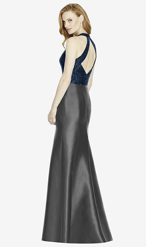 Back View - Pewter & Midnight Navy Studio Design Collection 4514 Full Length Halter V-Neck Bridesmaid Dress