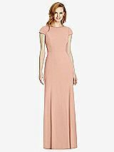Rear View Thumbnail - Pale Peach Bateau-Neck Cap Sleeve Open-Back Trumpet Gown