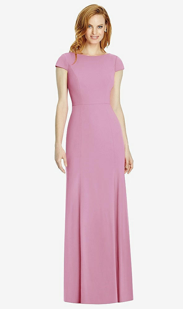 Back View - Powder Pink Bateau-Neck Cap Sleeve Open-Back Trumpet Gown
