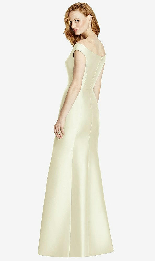 Back View - Butter Yellow Off-the-Shoulder V-Neck Satin Trumpet Gown