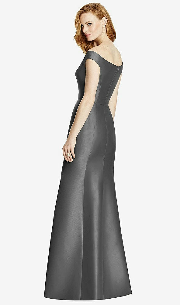 Back View - Gunmetal Off-the-Shoulder V-Neck Satin Trumpet Gown