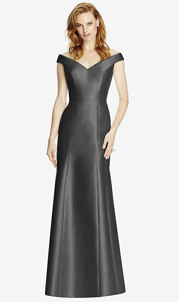 Front View - Pewter Off-the-Shoulder V-Neck Satin Trumpet Gown