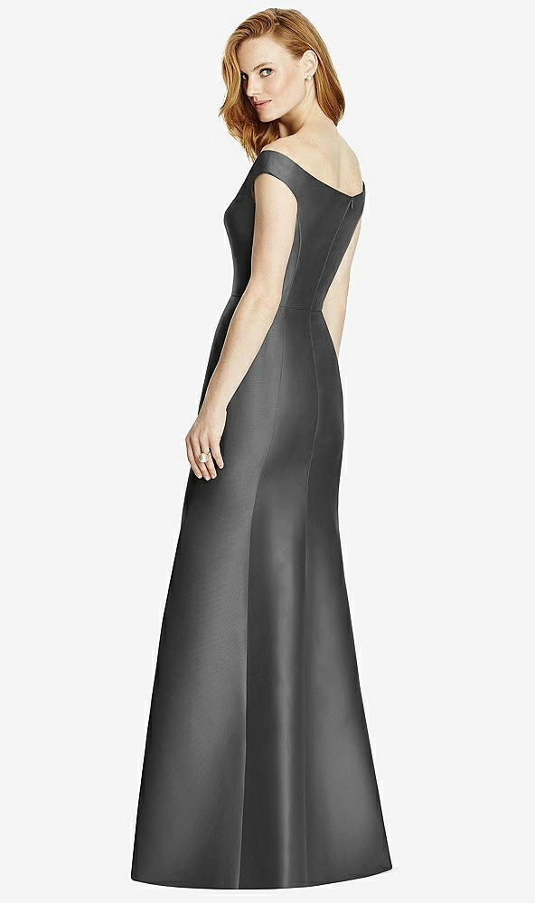 Back View - Pewter Off-the-Shoulder V-Neck Satin Trumpet Gown
