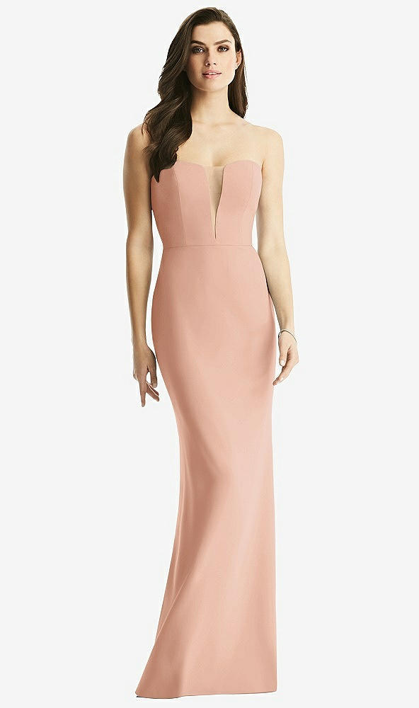 Front View - Pale Peach & Light Nude Sheer Plunge Neckline Strapless Column Dress