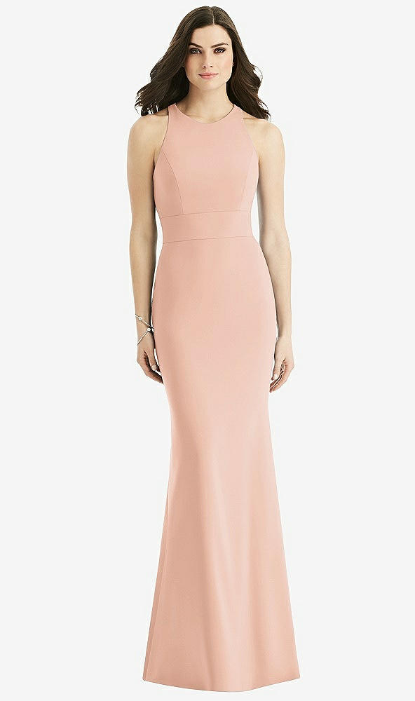 Back View - Pale Peach Criss Cross Twist Cutout Back Trumpet Gown