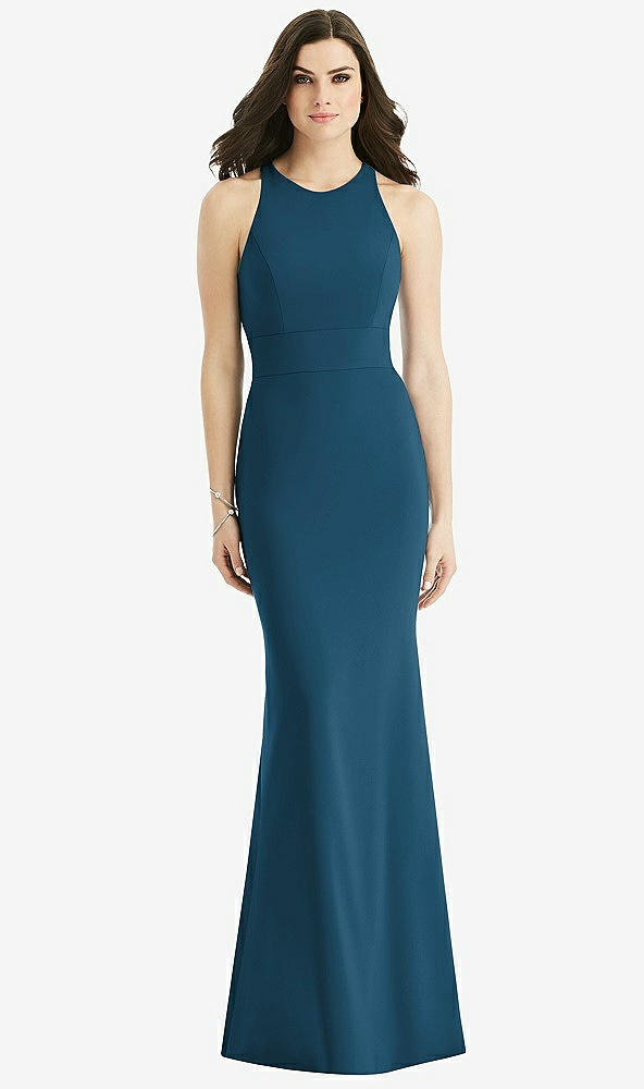 Back View - Atlantic Blue Criss Cross Twist Cutout Back Trumpet Gown