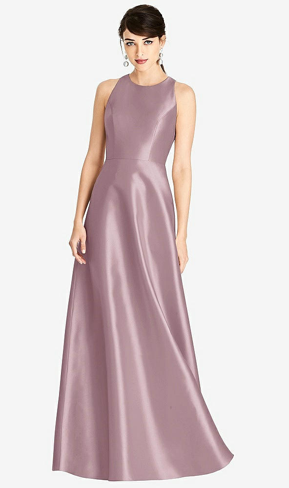 Front View - Dusty Rose Sleeveless Open-Back Satin A-Line Dress