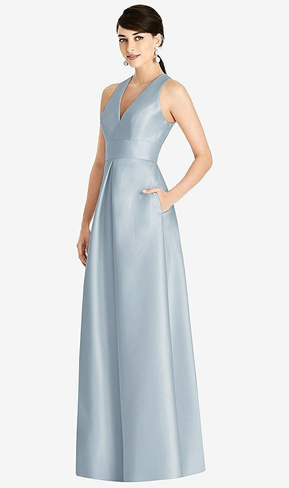 Front View - Mist Sleeveless Open-Back Pleated Skirt Dress with Pockets