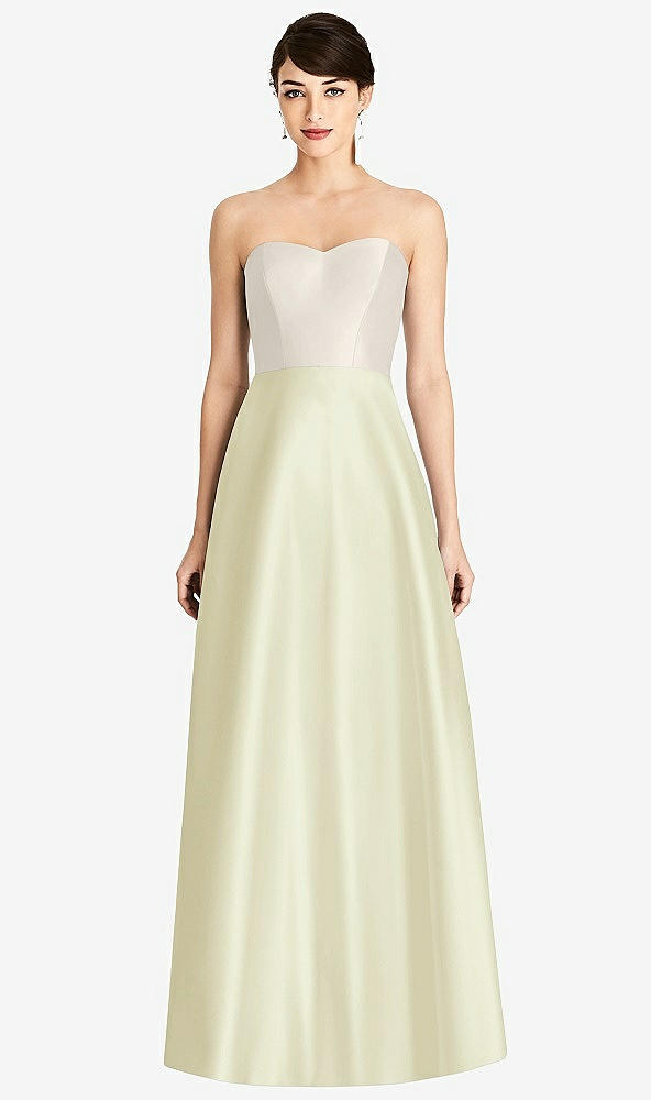Front View - Butter Yellow & Ivory Strapless A-Line Satin Dress with Pockets