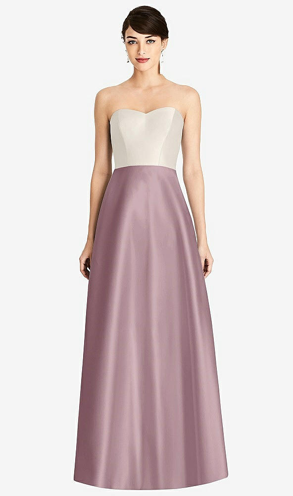 Front View - Dusty Rose & Ivory Strapless A-Line Satin Dress with Pockets