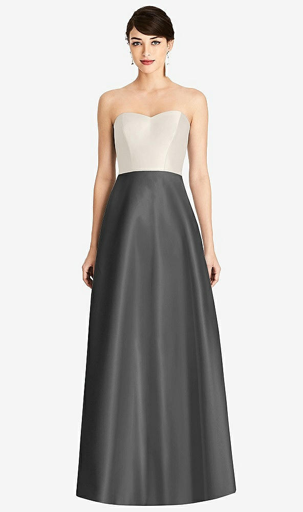 Front View - Gunmetal & Ivory Strapless A-Line Satin Dress with Pockets