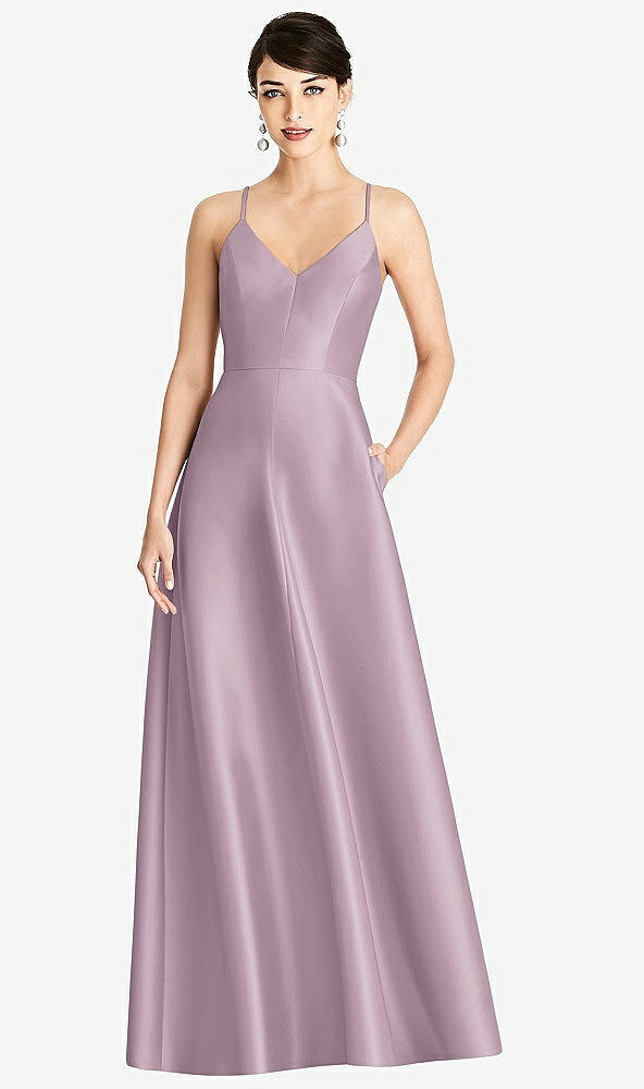 Front View - Suede Rose V-Neck Full Skirt Satin Maxi Dress