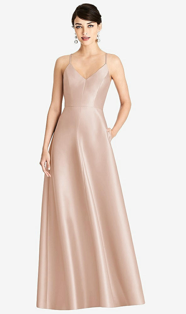 Front View - Cameo V-Neck Full Skirt Satin Maxi Dress