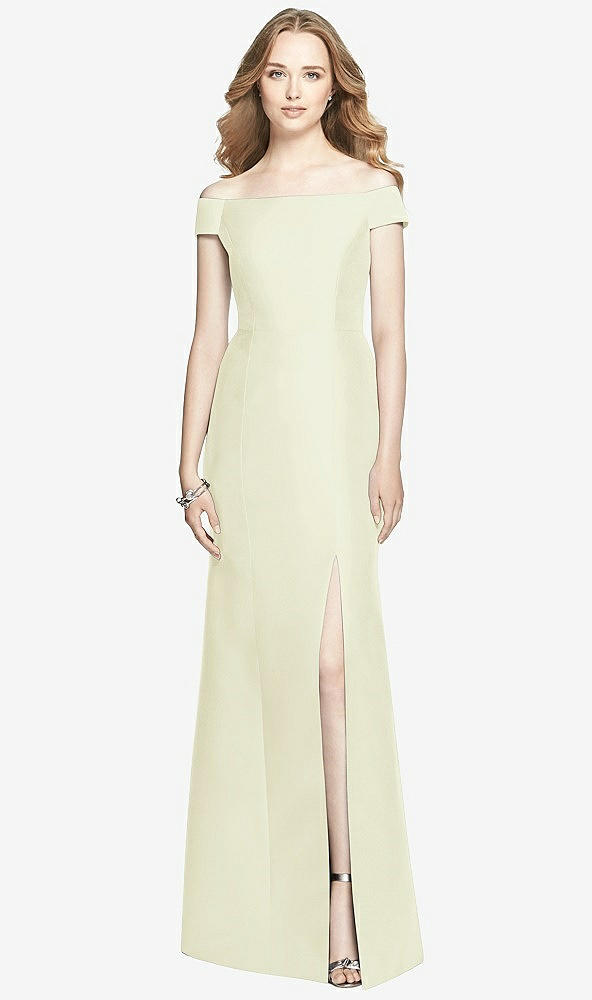 Front View - Butter Yellow Off-the-Shoulder Criss Cross Back Satin Dress