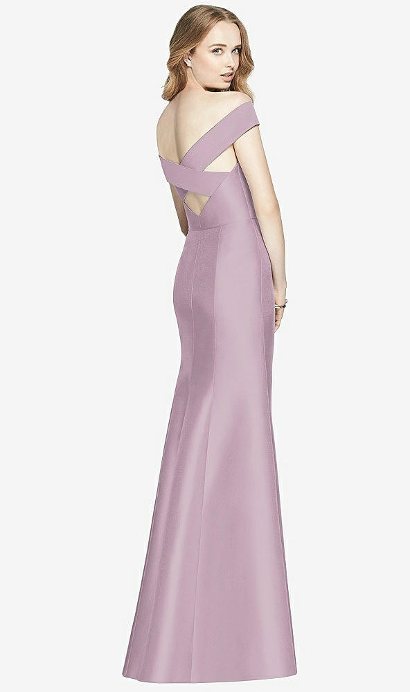 Back View - Suede Rose Off-the-Shoulder Criss Cross Back Satin Dress