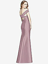 Rear View Thumbnail - Dusty Rose Off-the-Shoulder Criss Cross Back Satin Dress