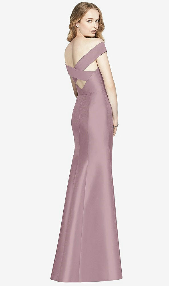 Back View - Dusty Rose Off-the-Shoulder Criss Cross Back Satin Dress