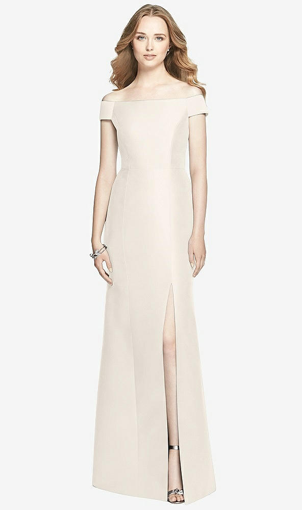 Front View - Ivory Off-the-Shoulder Criss Cross Back Satin Dress