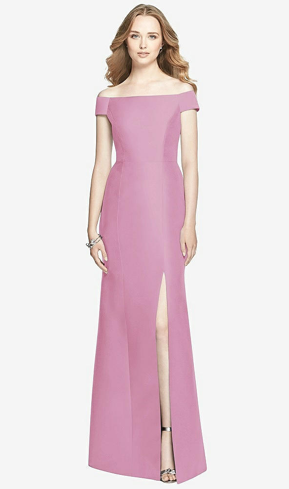 Front View - Powder Pink Off-the-Shoulder Criss Cross Back Satin Dress