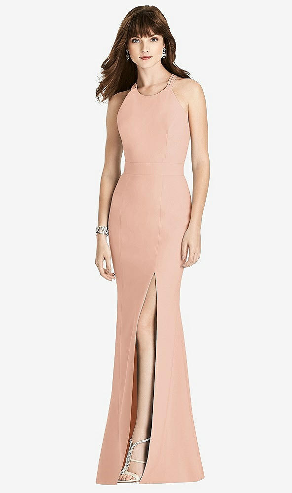 Front View - Pale Peach Criss Cross Open-Back Trumpet Gown