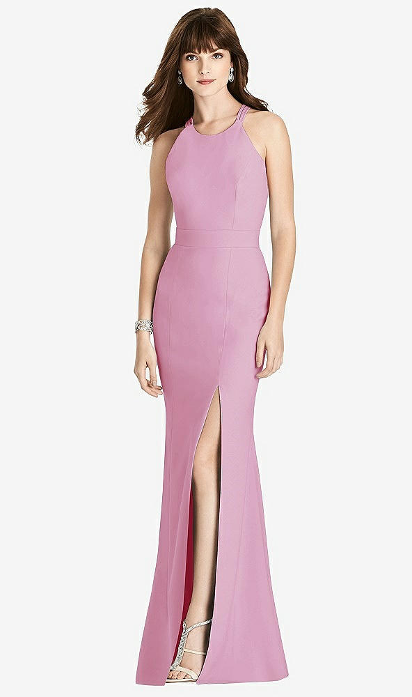 Front View - Powder Pink Criss Cross Open-Back Trumpet Gown