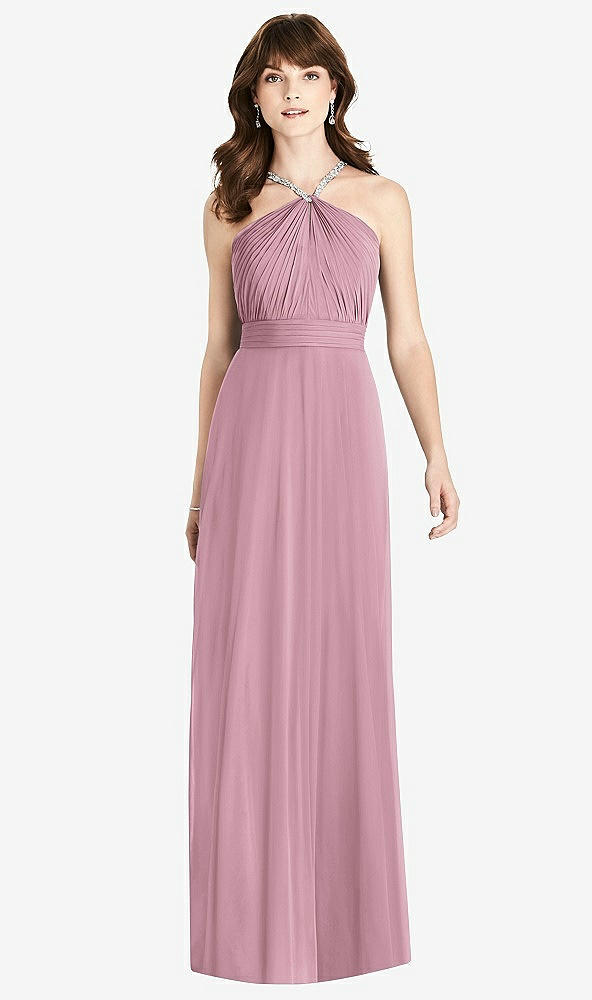 Front View - Dusty Pink Jeweled Twist Halter Maxi Dress