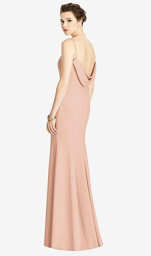 Front View - Pale Peach Bateau-Neck Open Cowl-Back Trumpet Gown