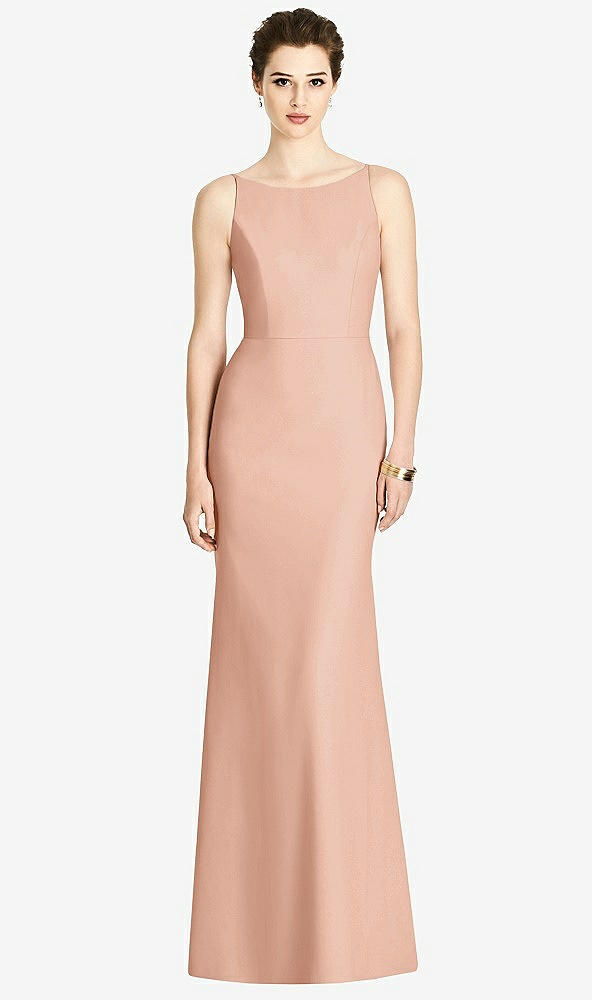 Back View - Pale Peach Bateau-Neck Open Cowl-Back Trumpet Gown
