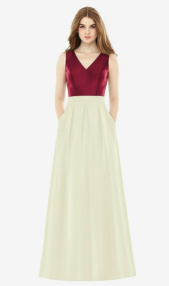 Front View - Butter Yellow & Burgundy Alfred Sung Bridesmaid Dress D753