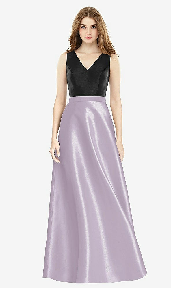 Front View - Lilac Haze & Black Sleeveless A-Line Satin Dress with Pockets